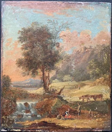 Tableau Ancien Huile Paysage Classique Personnages Arbres Rivi Re