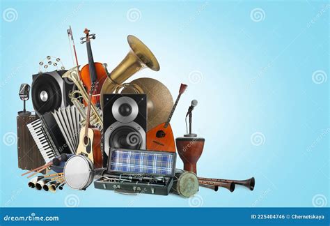 Grupo De Diferentes Instrumentos Musicales Sobre Fondo Azul Foto De