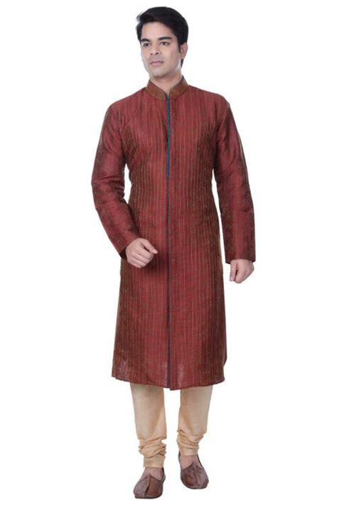 Buy Sanwara Men Maroon Dupion Silk Self Design Kurta And Churidar Set