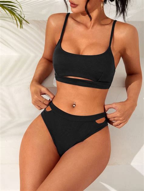 Negro Collar Liso Embellished Elástico Alto Solid Bikini Cut Out