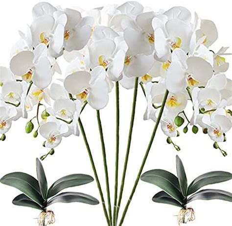 HinyoCo 5 Pcs Artificial Phalaenopsis Flowers And 2 Bundles Leaves