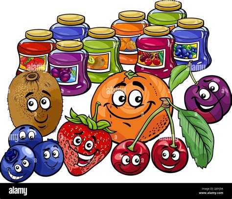 Cartoon Illustration Of Fruit And Jams Sweet Food Set Stock Vector