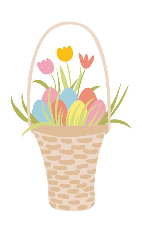 Easter basket with coloured eggs and flowers vector illustration ...