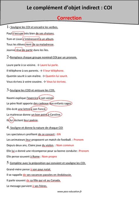 COI Complément d objet indirect Cm1 Exercices avec correction