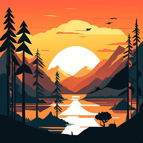 Landscape With Mountains Lake And Forest At Sunset Vector