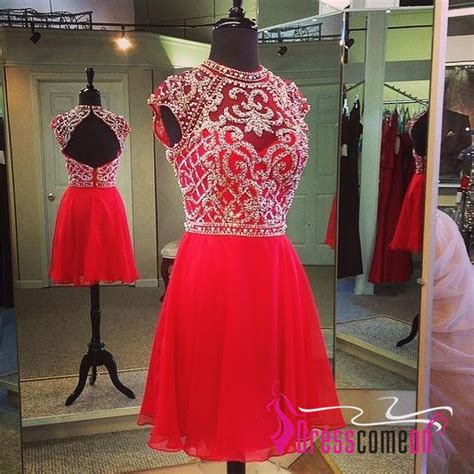 Sexy High Neck Red Homecoming Dresses Beaded Bodice Short Prom Dresses