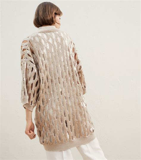 Womens Brunello Cucinelli Neutrals Sequin Embellished Longline Cardigan