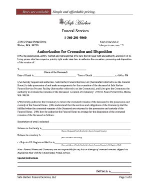 Fillable Online Cremation Authorization Safe Harbor Funeral Service