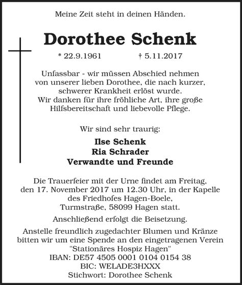 Traueranzeigen Von Dorothee Schenk Trauer In Nrw De