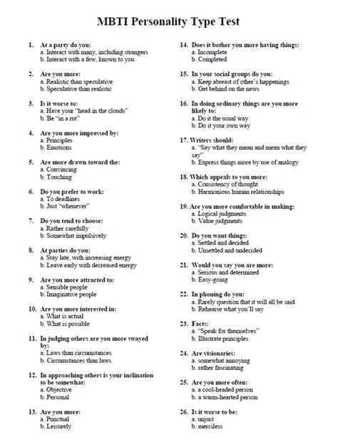 16 Personality Types Test Printable