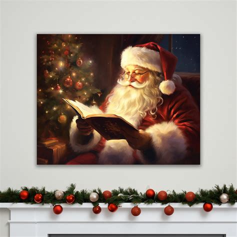 Vintage Christmas Wall Art Santa Reading A Book Canvas Christmas Oil