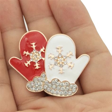 Cute Rhinestone Gloves Brooch Pins Christmas Snowflake Brooches Enamel