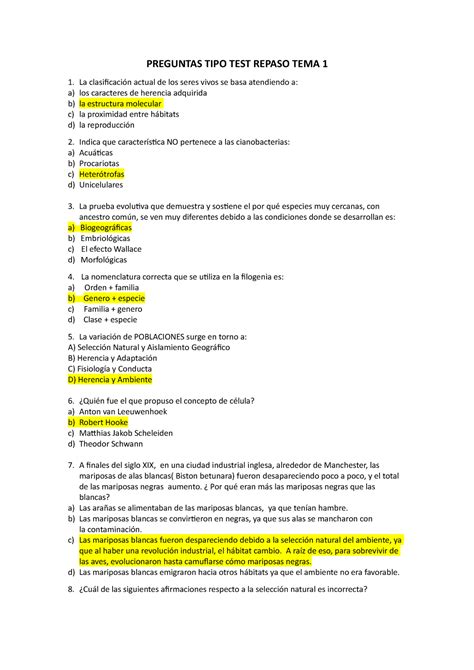 Preguntas Tipo Test Repaso Tema Biodiversidad Biolog A Preguntas