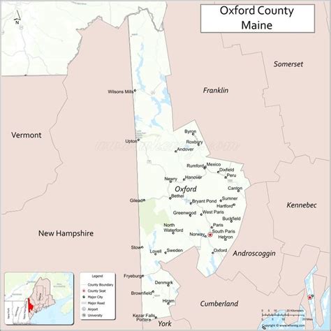 Map of Oxford County, Maine showing cities, highways & important places ...