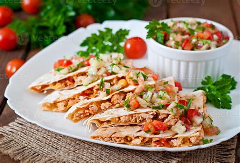 Mexican Quesadilla Wrap With Chicken Corn And Sweet Pepper And Salsa