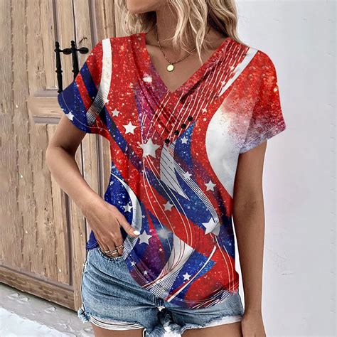 Dengdeng 4th Of July Tee Shirts For Women Short Sleeve Patriotic Shirts 2024 Independence Day V