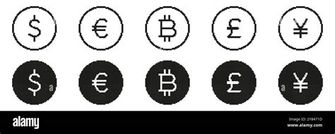 Pixel Art Dollar Euro And Bitcoin Icons Set Retro Style Pixelated