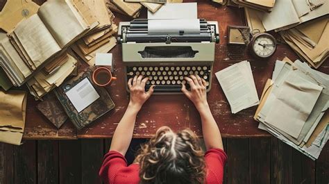 Premium Photo A Woman Is Typing On An Old Typewriter With A Red Shirt On