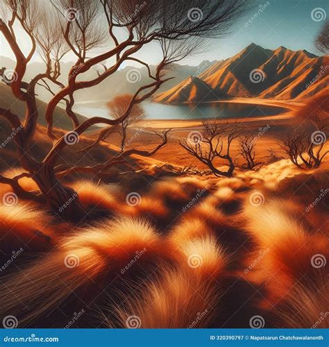 Eerie Beauty: Large Dead Tree and Mountain Scenery. Stock Illustration