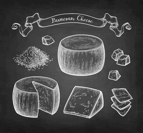 Parmesan Cheese Set Chalk Sketch On Blackboard Background Hand Drawn