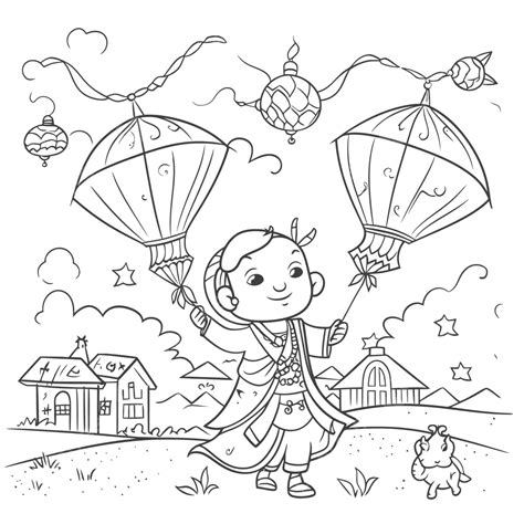 Girl Coloring Page With Lanterns Flying Outline Sketch Drawing Vector Wing Drawing Girl