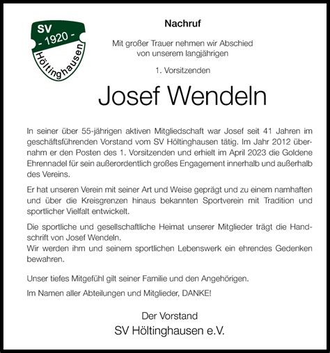 Nachruf Josef Wendeln SV Höltinghausen e V