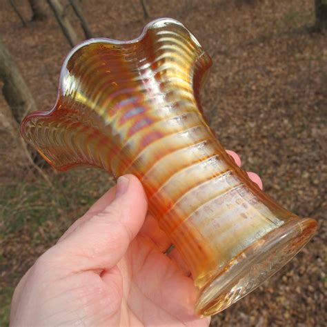 Antique Imperial Marigold Ripple Carnival Glass Mini Vase Squat Short Wow Carnival Glass