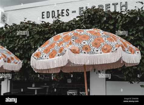 Flower Parasol Outside A Restaurant Stock Photo Alamy