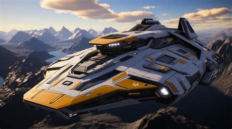 A Futuristic Space Ship Flying Over A Mountain Range Premium AI