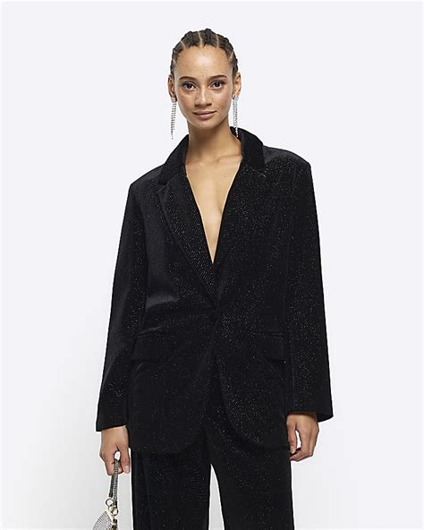 Black Velvet Sparkle Tux Blazer River Island