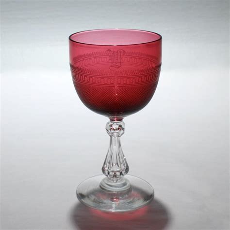 Set Of 12 Antique Cranberry Red And Clear Crystal Engraved Cordial Wine Glasses For Sale At 1stdibs