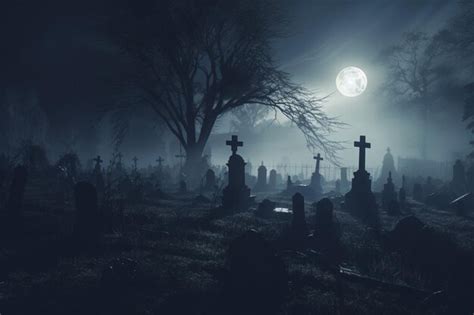 Premium AI Image Ghostly Cemetery Misty Night Shadows Shadows Shado