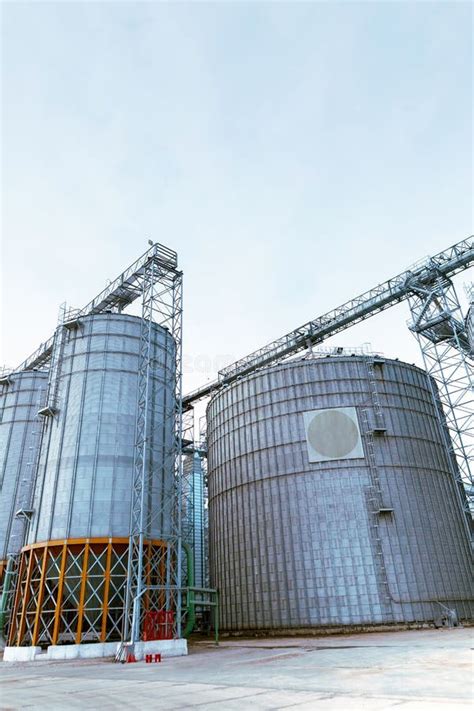 Silver Silos On Agro Manufacturing Plant For Processing Drying Cleaning