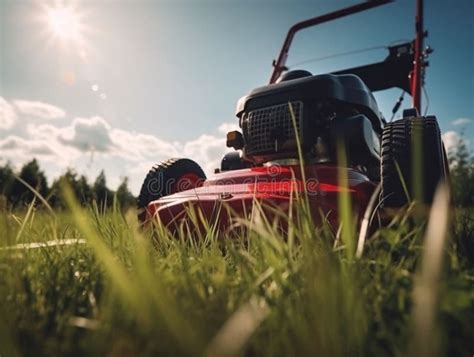 Lawn Mower Cutting Green Grass In Backyard Seasonal Work Concept Stock