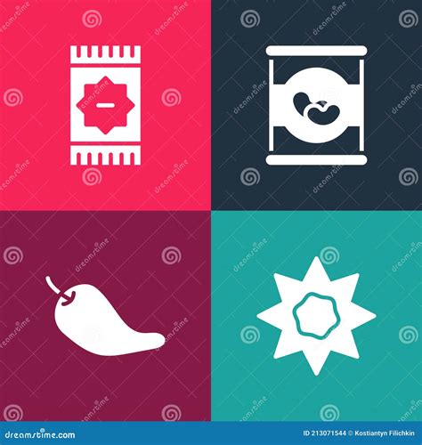 Set Pop Art Sun Hot Chili Pepper Pod Beans In Can And Mexican Carpet Icon Vector Stock Vector