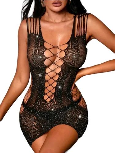 2024 Bodysuit Malha Renda Lingerie Mini Vestido Sexy Parcelamento Sem Juros
