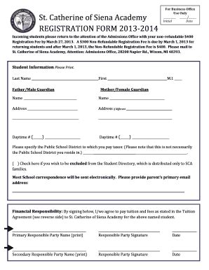 Fillable Online Catherine Of Siena Academy Registration Form