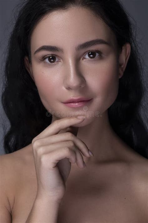 Close Up Portrait Of Brunette Woman With Flawless Clean Skin Creative