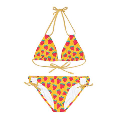 Strappy Bikini Set AOP Featuring Strawberries On A Yellow Background Mix And Match Summer Fun