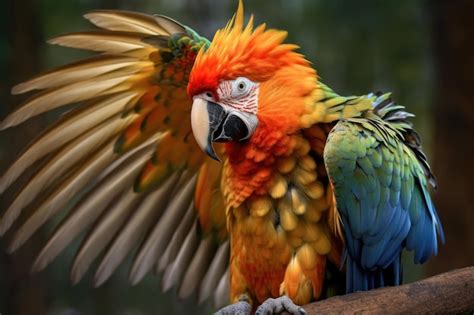 Premium AI Image Parrot Stretching Its Wing While Preening Feathers