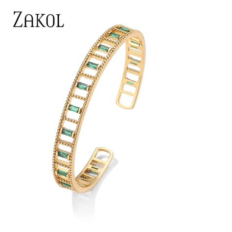 Zakol Fashion Green Rectangle Hollow Cubic Zirconia Cuff Bangles