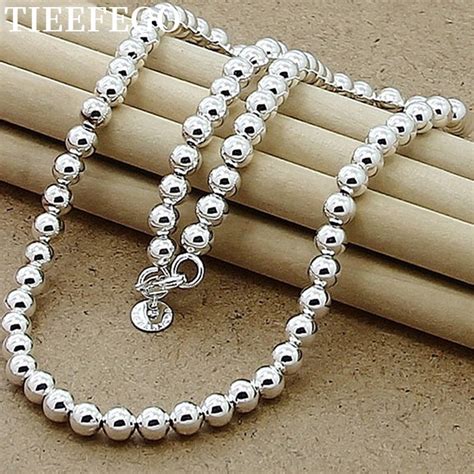 TIEEFEGO 925 Sterling Silver 6mm Smooth Beads Ball Chain Necklace For