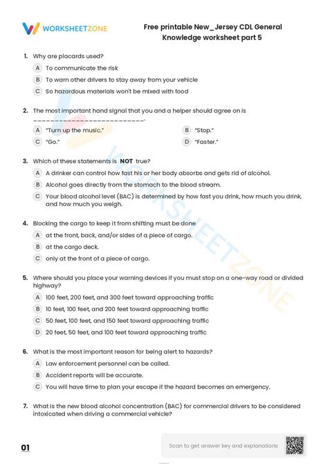 Free Printable New Jersey CDL General Knowledge Worksheet Part 5