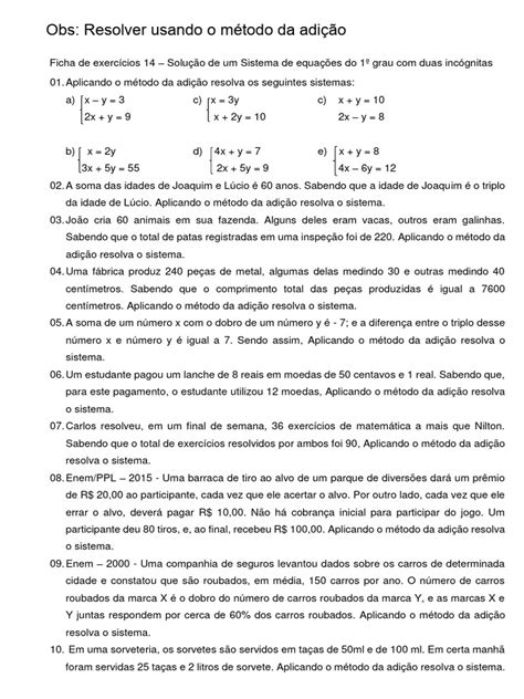 14 Método Da Adição Solução De Um Sistema De Equações Do 1º Grau Com