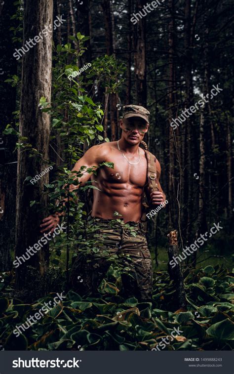 Brutal Muscular Man Military Uniform Naked Stock Photo