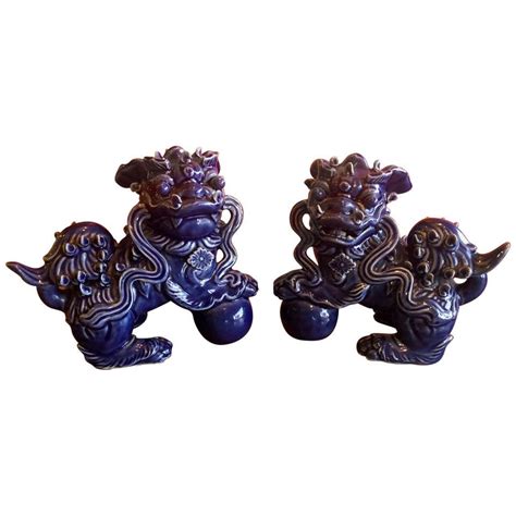 Pair Of Midcentury Dark Blue Chinese Ceramic Foo Dogs At 1stdibs