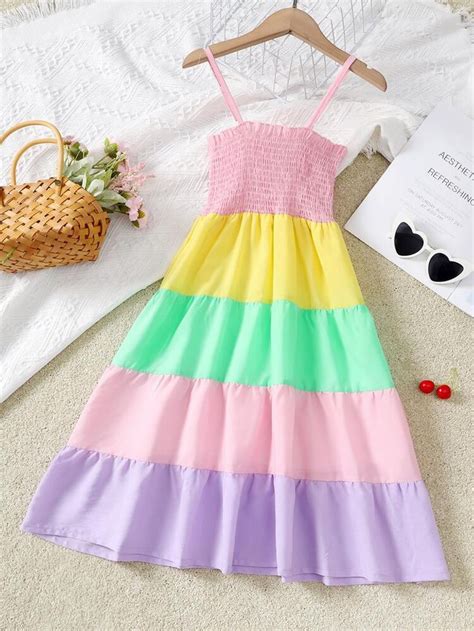 Girls Color Block Shirred Ruffle Hem Cami Dress Em Vestido