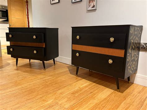 Beautiful Gold Leaf Stencil Black And Orange Bedside Cabinets Etsy