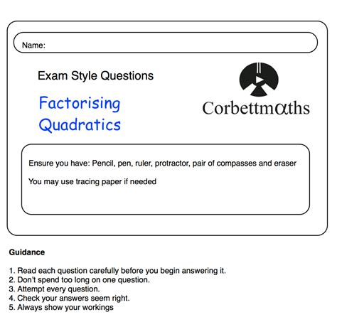 Factorising Quadratics Practice Questions Corbettmaths