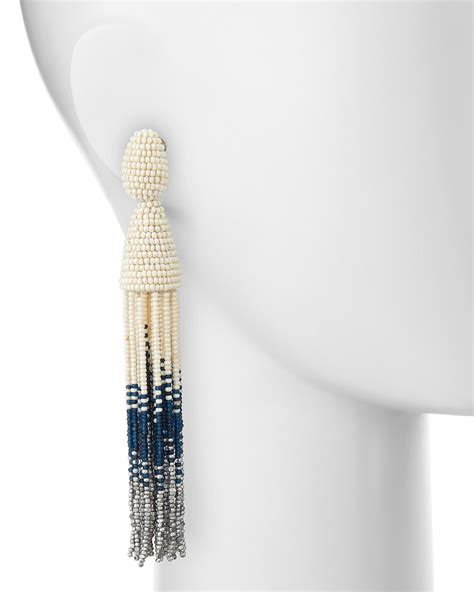 Oscar De La Renta Long Ombre Beaded Tassel Clip Earrings Ivory Navy Silver